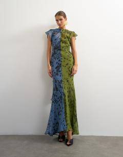 Model wearing Chiffon scarf detail maxi dress in half and half khaki and blue abstract spot print