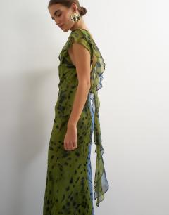 Model wearing Chiffon scarf detail maxi dress in half and half khaki and blue abstract spot print
