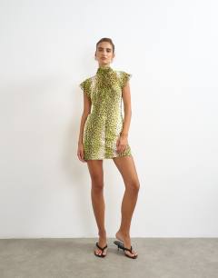 Chiffon scarf detail mini dress in yellow animal print