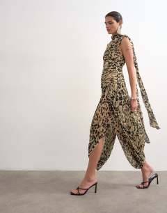 Chiffon scarf neck bubble hem maxi dress in buttermilk abstract animal print