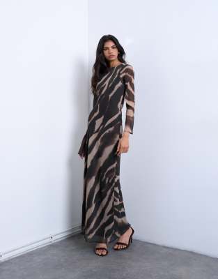 Topshop chiffon scoop neck column maxi dress in blurred animal print-Multi