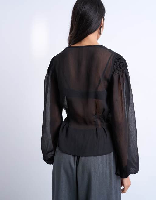 Topshop chiffon sheer panel long sleeve blouse in black | ASOS