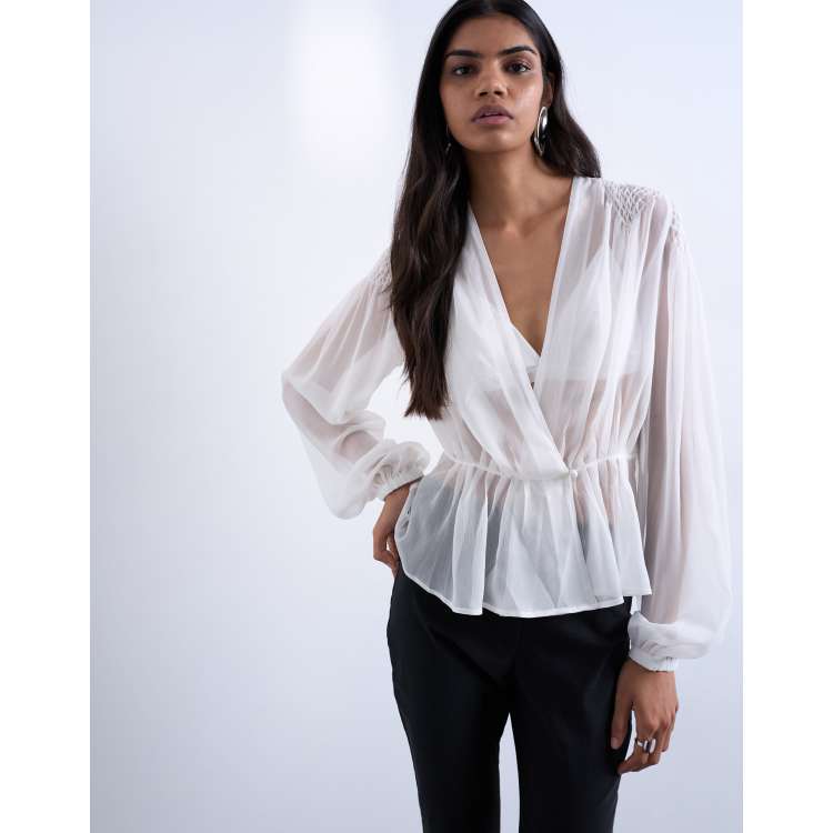 Topshop chiffon sheer panel long sleeve blouse in ivory | ASOS