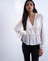 Topshop chiffon sheer panel long sleeve blouse in ivory