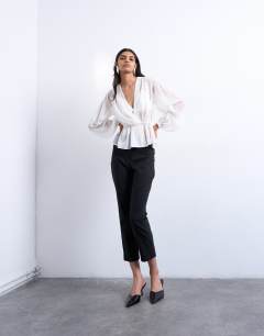 Model wearing Chiffon sheer panel long sleeve blouse in ivory