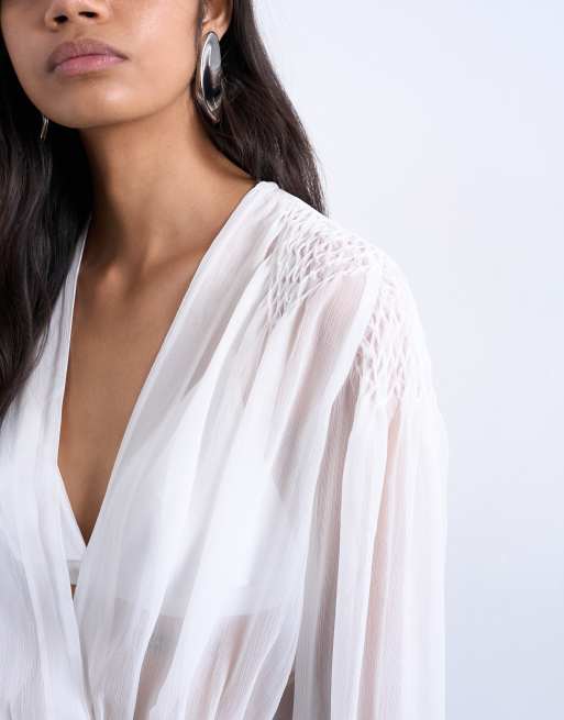 Topshop chiffon sheer panel long sleeve blouse in ivory | ASOS