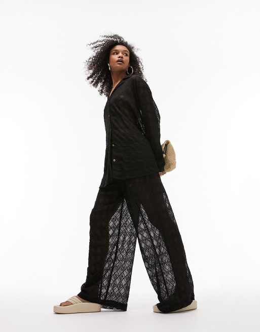 Topshop – Chiffon-Strandhose in Schwarz mit Stickerei, Kombiteil