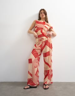 Chiffon stripe print wide leg trouser co-ord in red