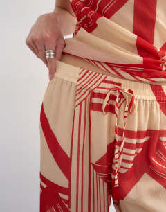 Model wearing Chiffon stripe print wide leg trouser co-ord in red