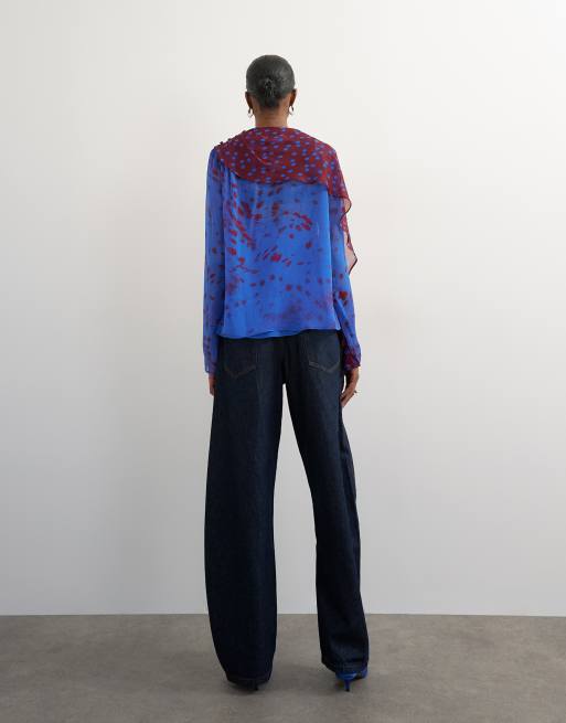 Topshop chiffonbluse med overlagsdetalje i blåt mixprint, 4 af 4