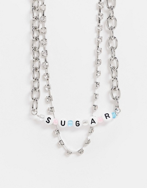 Topshop choker necklace in silver chain and beaded 'Sugar' slogan