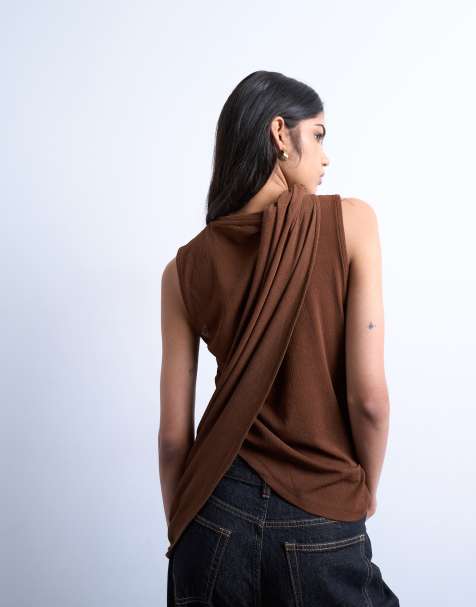 Topshop – Chokladbrun, asymmetrisk, enärmad topp med cape - view 1