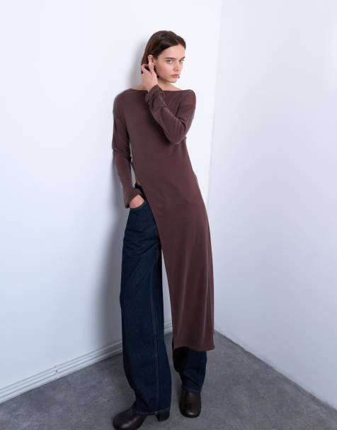 Topshop – Chokladbrun, asymmetrisk tunika med långa ärmar i cupro - view 1