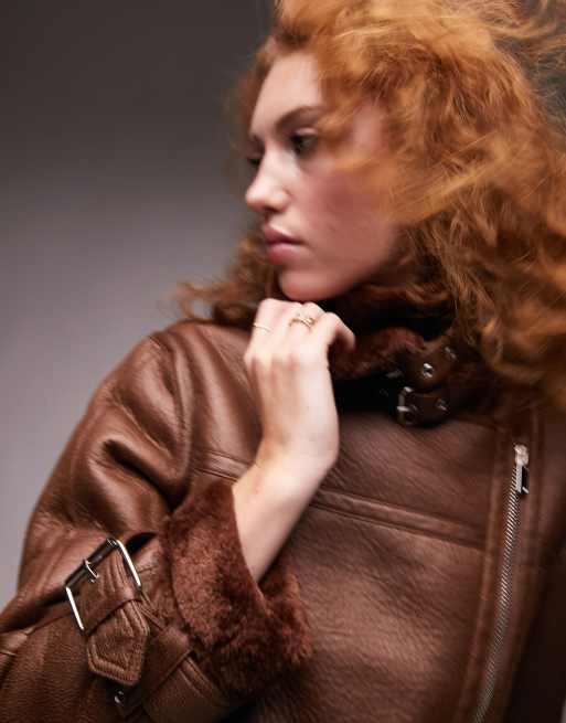 Topshop – Chokladbrun bikerjacka i pilotmodell av fårskinnsimitation, 4 av 4