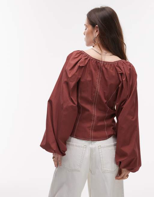 Topshop – Chokladbrun blus med ballongärmar, rynkad halsringning och sömdetaljer, 4 av 4
