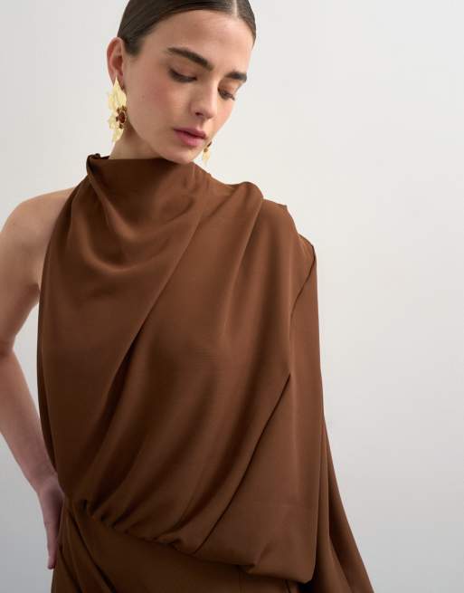 Topshop – Chokladbrun, enaxlad maxiklänning med drapering, 3 av 4