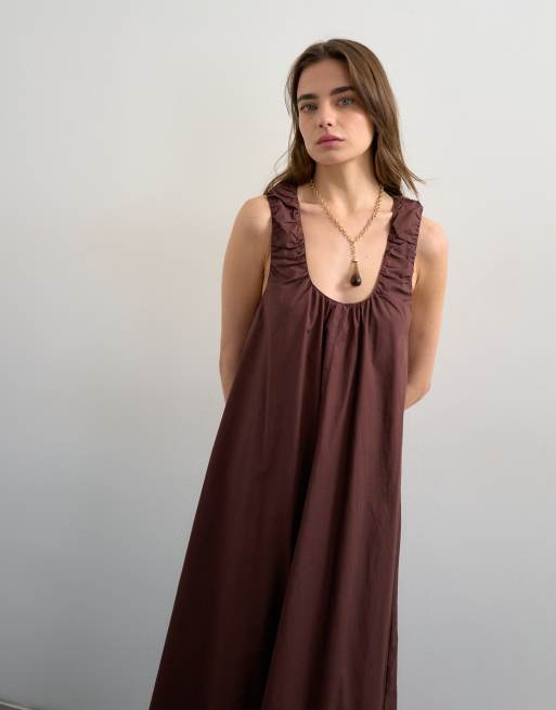 Topshop – Chokladbrun maxi-sundress i poplin med rynkad ringning, 4 av 4
