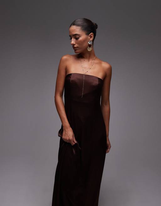 Topshop – Chokladbrun midi-bandeauklänning i satin, 2 av 4