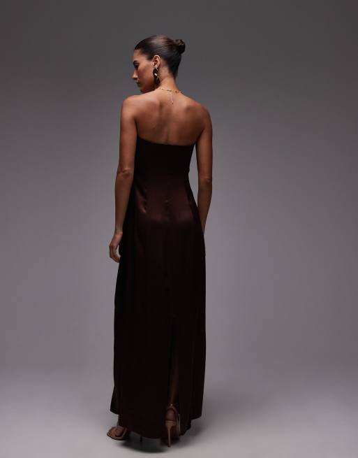Topshop – Chokladbrun midi-bandeauklänning i satin, 3 av 4