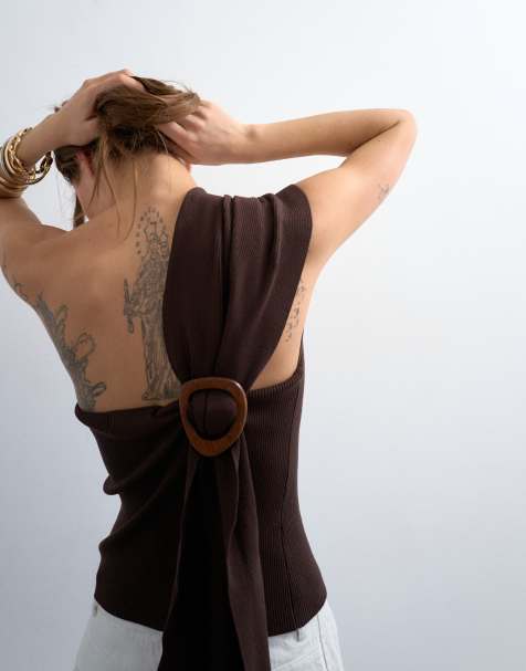 Topshop – Chokladbrun, ribbstickad omlottopp med scarf - view 1