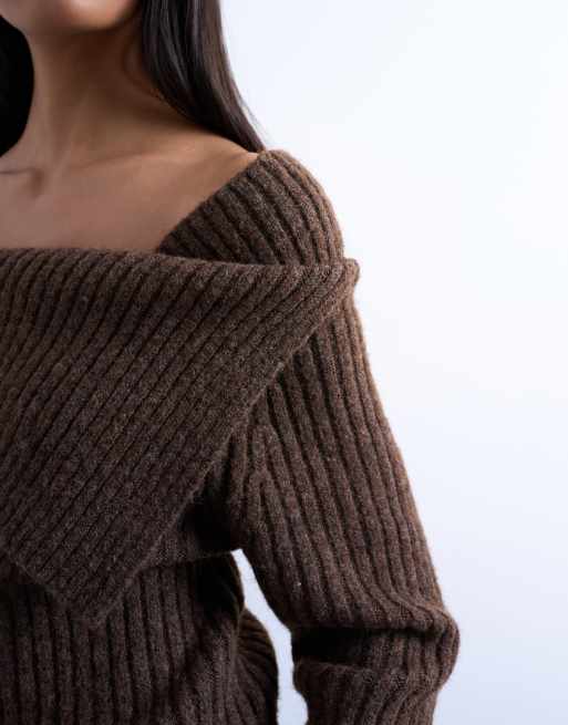 Topshop – Chokladbrun, ribbstickad tröja med bardotringning, 2 av 4