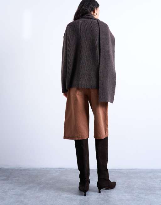 Topshop – Chokladbrun, stickad tröja i oversized fit med scarf, 3 av 4