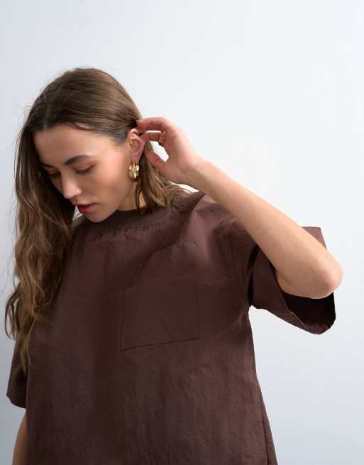 Topshop – Chokladbrun, strukturerad och vävd t-shirt, 3 av 4