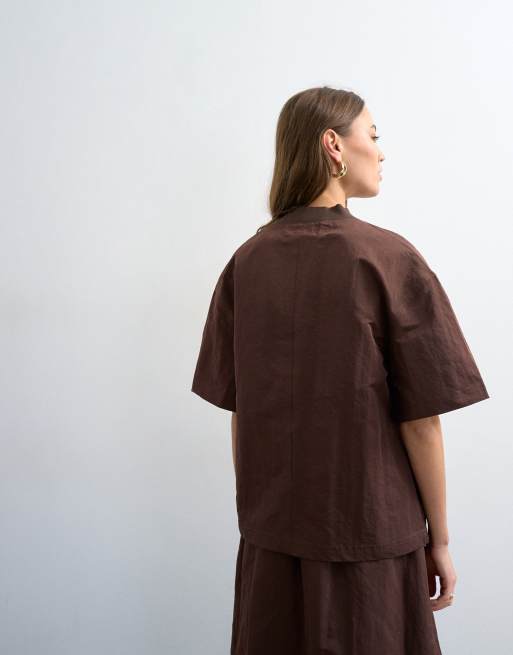 Topshop – Chokladbrun, strukturerad och vävd t-shirt, 4 av 4