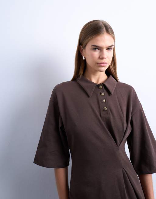 Topshop – Chokladbrun, strukturerad pikétröja med rynkning, 3 av 4