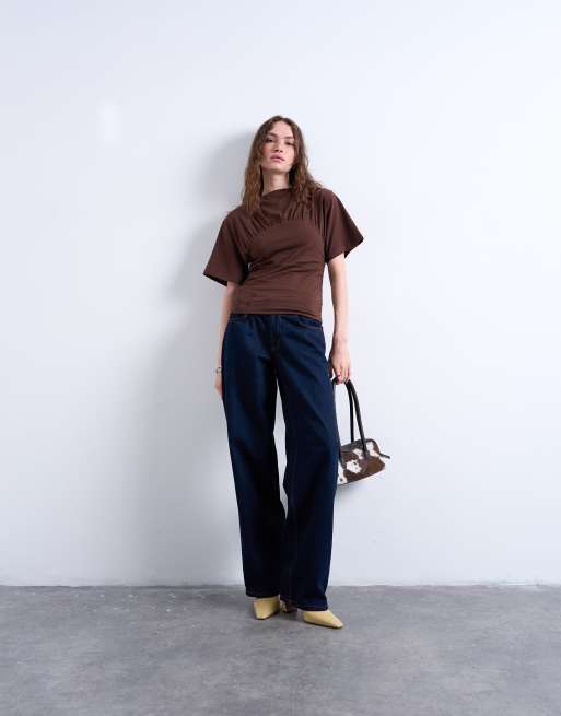Topshop – Chokladbrun topp med ryschade detaljer och korta ärmar, 2 av 4