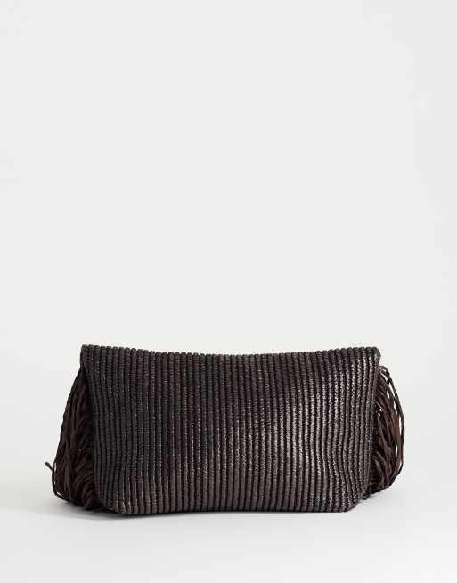 Topshop – Chokladbrun, vävd kuvertväska i oversize med tofs, 4 av 4