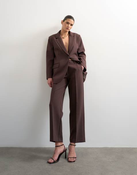 Topshop – Chokladbruna, raka, stilrena byxor med medelhög midja, del av set - view 1