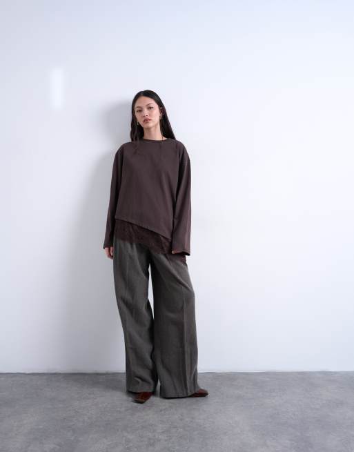 Topshop - Chokoladebrun, asymmetrisk og oversized skater-overdel med blondedetalje, 2 af 4