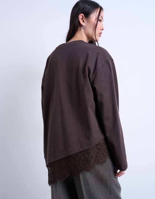 Topshop - Chokoladebrun, asymmetrisk og oversized skater-overdel med blondedetalje, 3 af 4