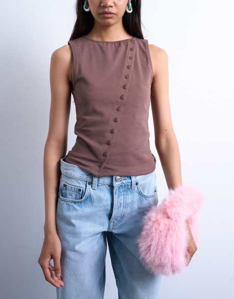 Topshop - Chokoladebrun asymmetrisk tanktop med gennemgående knapper i jersey - view 1