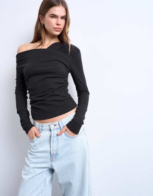 Topshop - Chokoladebrun blød offshoulder-top med rynker