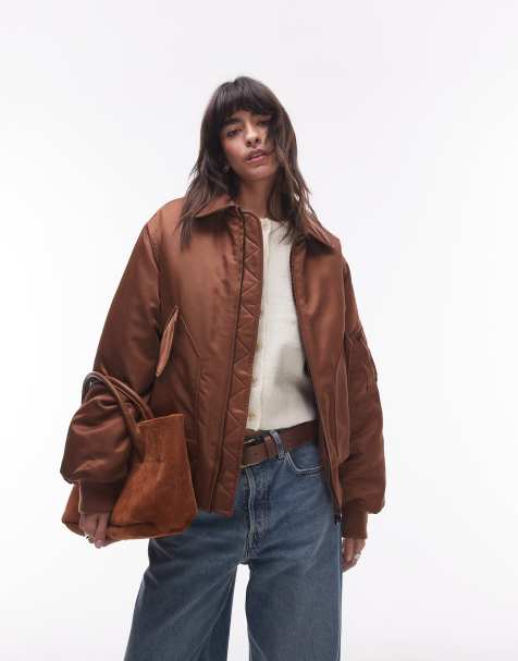 Topshop - Chokoladebrun bomber-jakke i twill-nylon - view 1