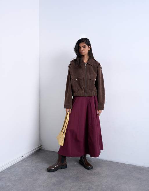 Topshop - Chokoladebrun bomber-jakke med trykknapsdetaljer i imiteret ruskind, 4 af 4
