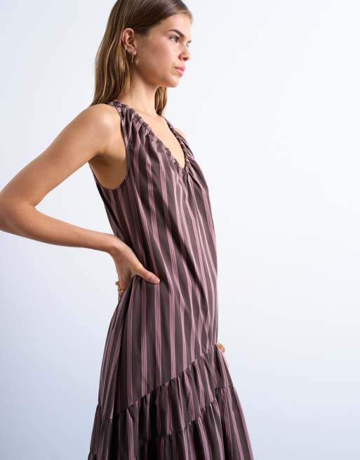 Topshop - Chokoladebrun chuck-on midikjole i poplin med lavtsiddende talje og striber, 2 af 4