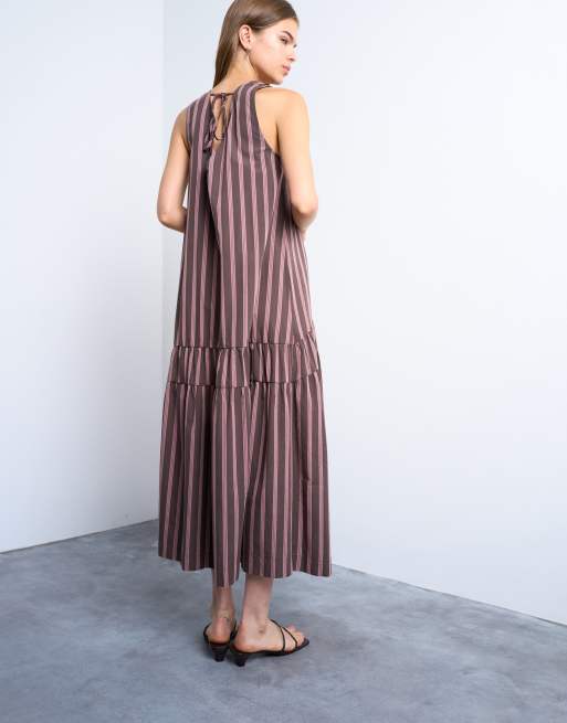 Topshop - Chokoladebrun chuck-on midikjole i poplin med lavtsiddende talje og striber, 4 af 4
