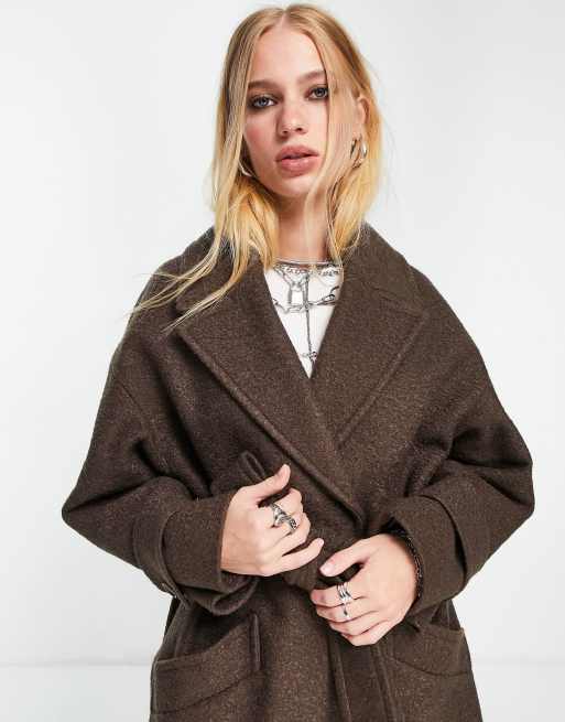 Topshop - Chokoladebrun frakke med slå-om-bælte i bouclé-stof , 3 af 4