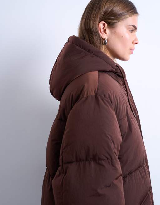 Topshop - Chokoladebrun longline dynejakke i tech-stof, 3 af 4