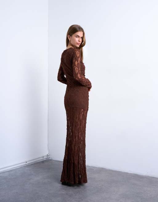 Topshop - Chokoladebrun maxikjole med blonder og rynker foran samt sænket talje, 2 af 4