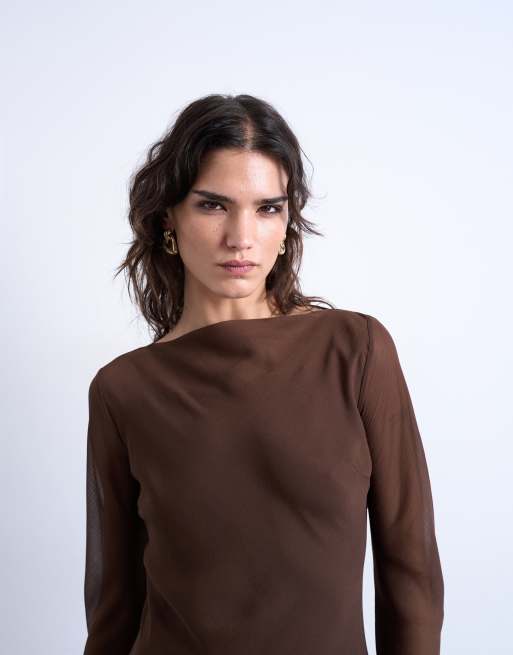 Topshop - Chokoladebrun maxikjole med bred halsudskæring i chiffon, 2 af 4
