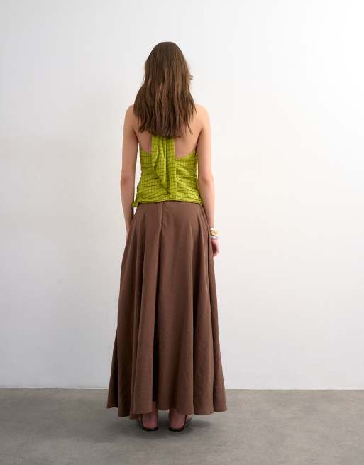 Topshop - Chokoladebrun maxinederdel med fuld cirkel i cupro, 3 af 5