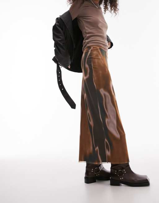 Topshop - Chokoladebrun midinederdel i mesh med marmorprint