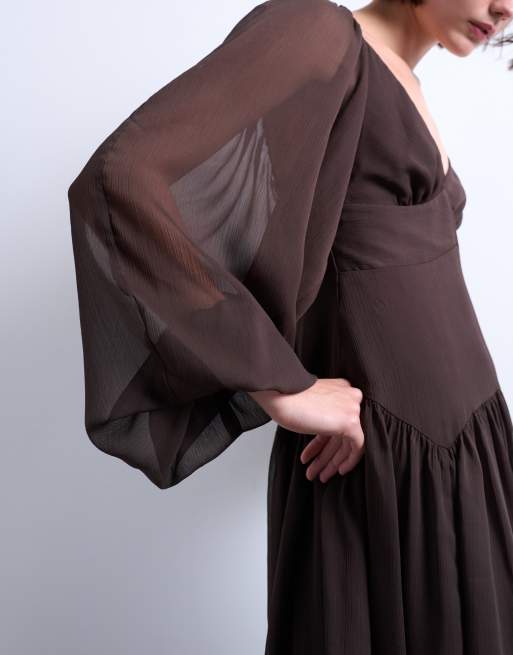 Topshop - Chokoladebrun mini-tea-kjole med blousonærmer, 3 af 4