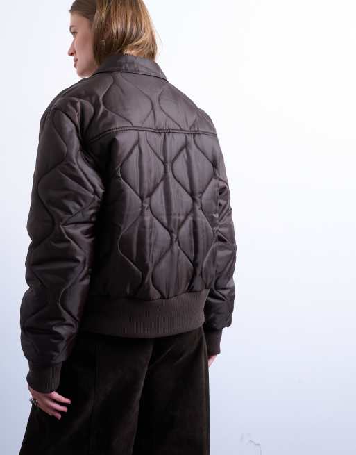 Topshop - Chokoladebrun og cropped bomber-jakke med krave og for, 4 af 4
