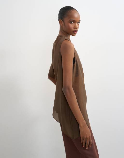 Topshop - Chokoladebrun oneshoulder-top i organza, 3 af 4