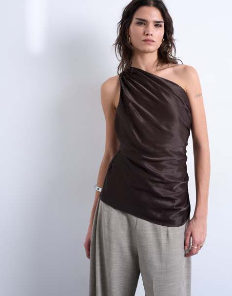 Topshop - Chokoladebrun oneshoulder-top med draperet ryg - view 1